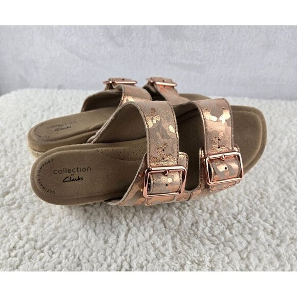 Clarks Ultimate Comfort Slide Sandal Platform Pink Gold Camouflage Leather Upper - Picture 14 of 16